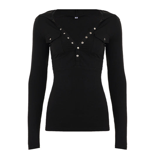 V neck button long sleeve hoodie solid top | Festival Outfits Women