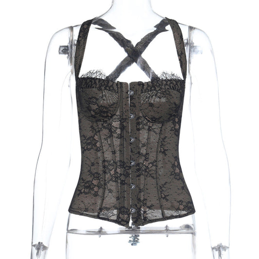 Cross back lace button backless cami top | Festival Outfits Women