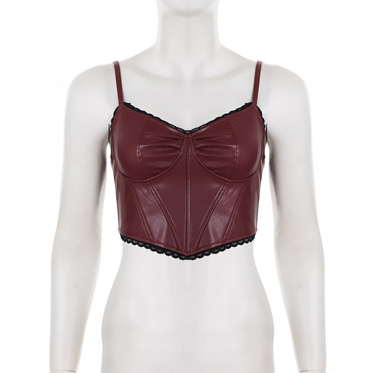 Lace hem v neck zip-up PU leather cami top | Festival Outfits Women