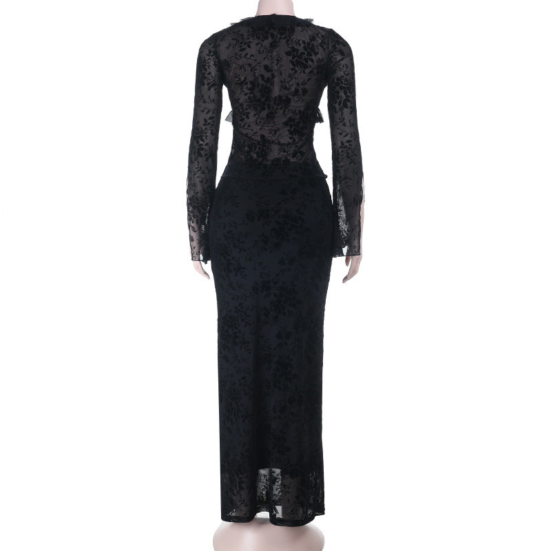 Long sleeve v neck lace self tie ruffle maxi skirt set | Festival Outfits Women