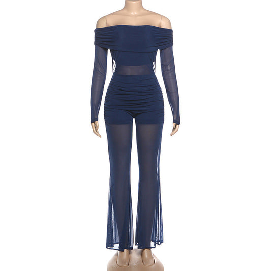 Off shoulder long sleeve ruched mesh jumpsuit | Festival Outfits Women