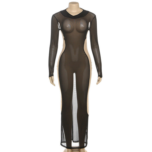 Sheer mesh long sleeve crewneck maxi dress | Festival Outfits Women