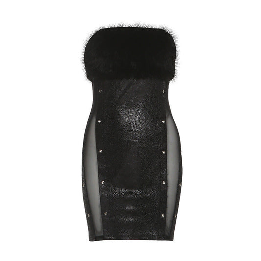 Fluffy mesh patchwork tube mini dress | Festival Outfits Women