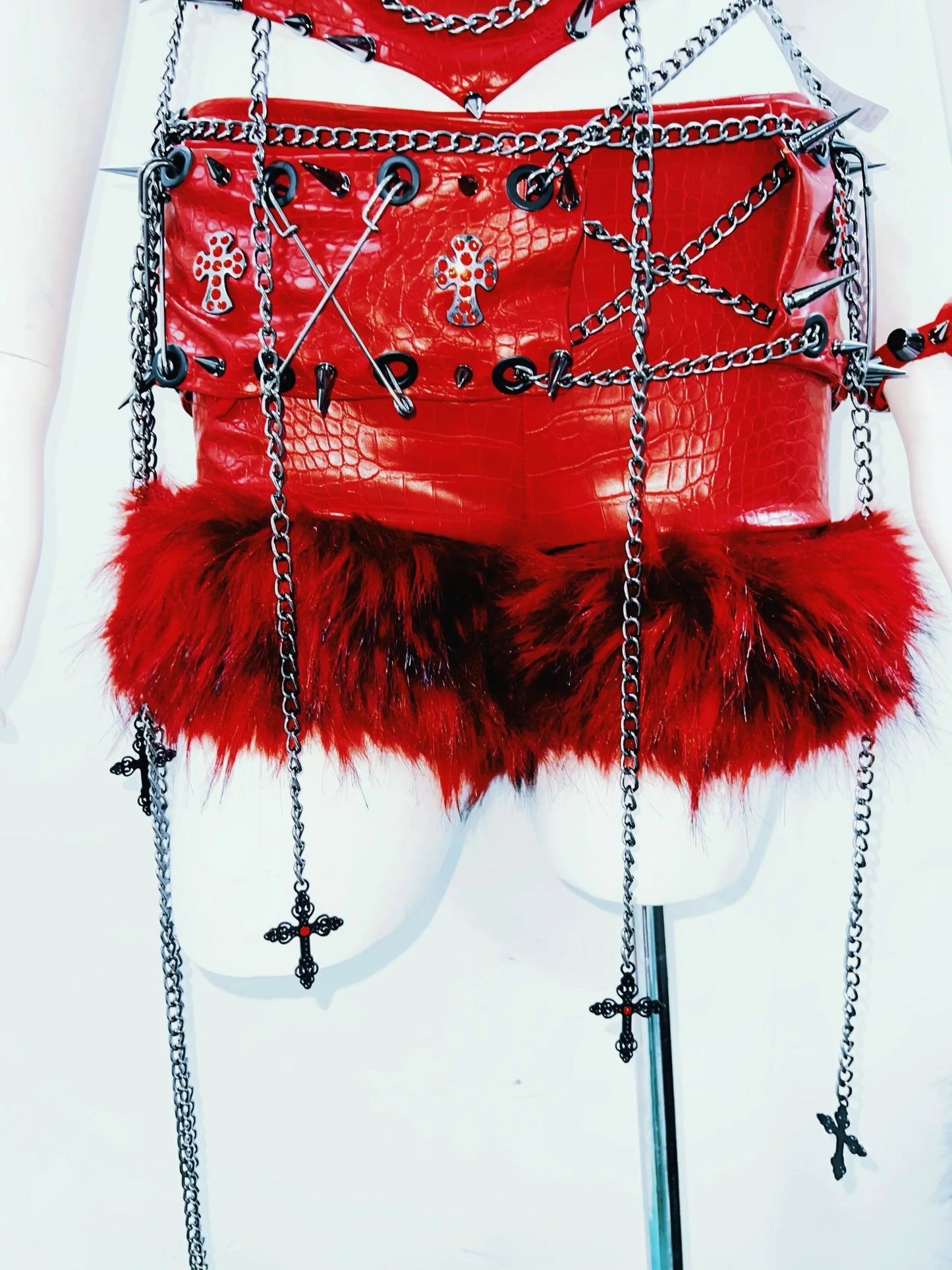 Fluffy metal chain rivet PU leather top | Festival Outfits Women