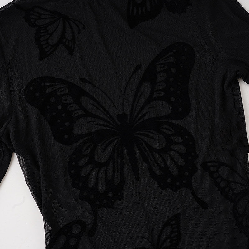 Butterfly pattern long sleeve mesh bodysuit | Festival Outfits Women
