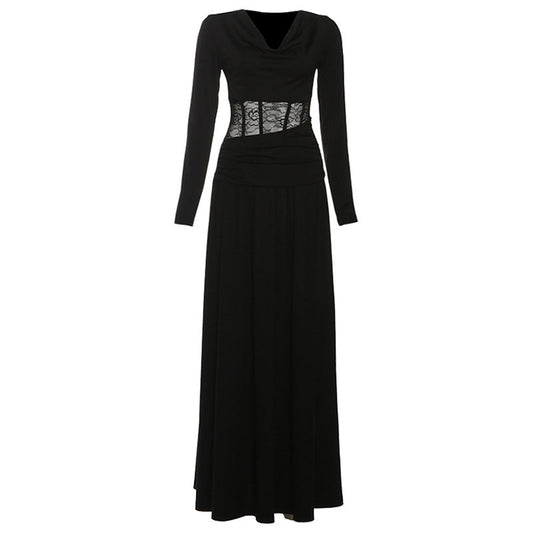 Long sleeve cowl neck lace ruched maxi dress | Festival Outfits Women