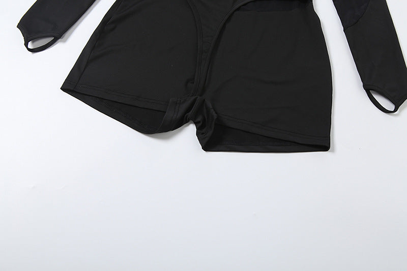 Hollow out long sleeve mesh gloves romper | Festival Outfits Women