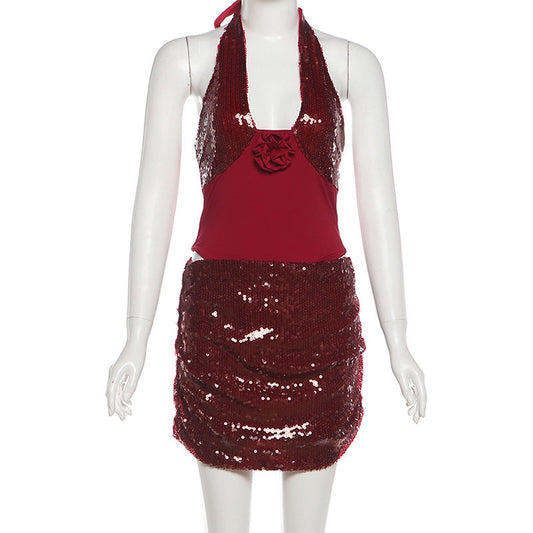 Glitter flower applique halter self tie mini skirt set | Festival Outfits Women