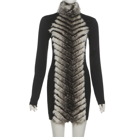 High neck fluffy long sleeve zip-up mini dress | Festival Outfits Women