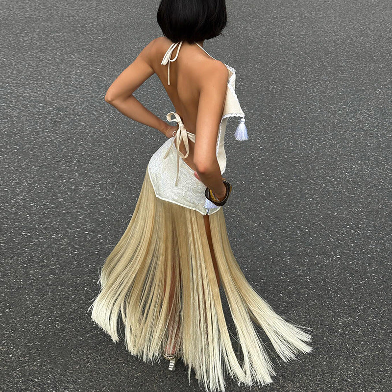 Tassels patchwork contrast midi skirt | Festival Outfits Women