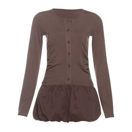 Long sleeve button round neck ruched mini dress | Festival Outfits Women