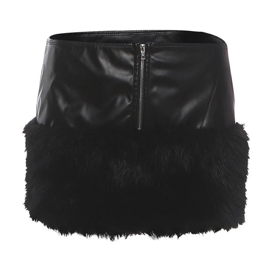 Zip-up PU leather fluffy patchwork mini skirt Cargo Mini Skirt | Festival Outfits Women