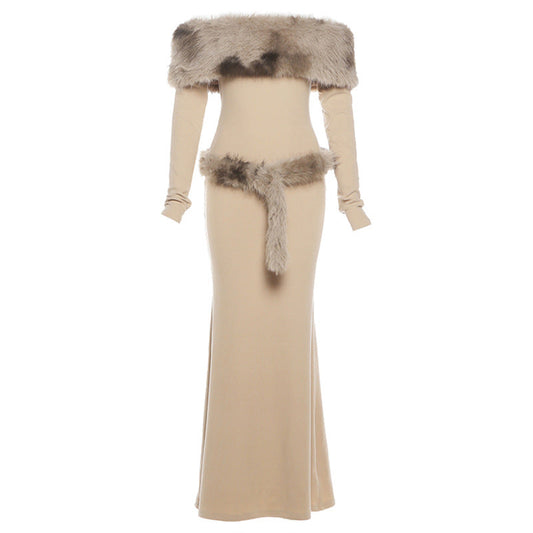 Long sleeve off shoulder fluffy maxi dress | Festival Outfits Women