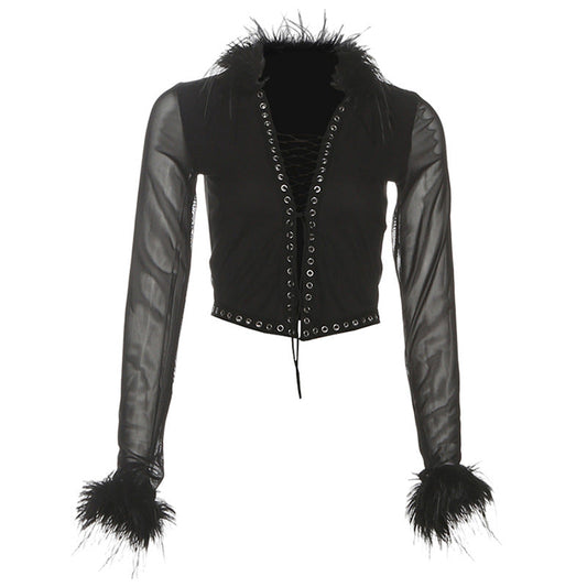 Long sleeve mesh lace up fluffy solid top | Festival Outfits Women