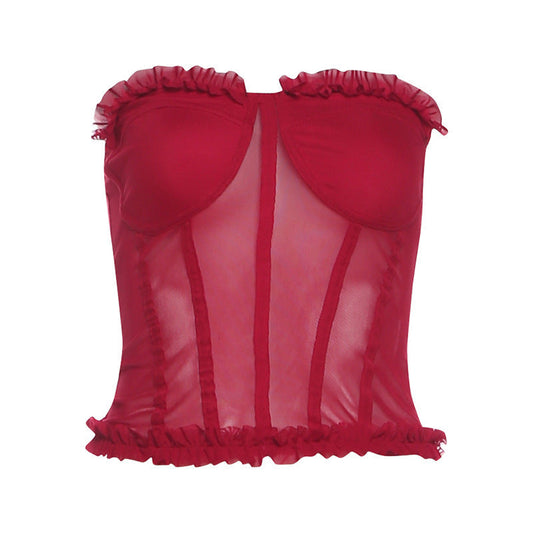 Ruffle mesh backless solid tube top | Festival Outfits Women