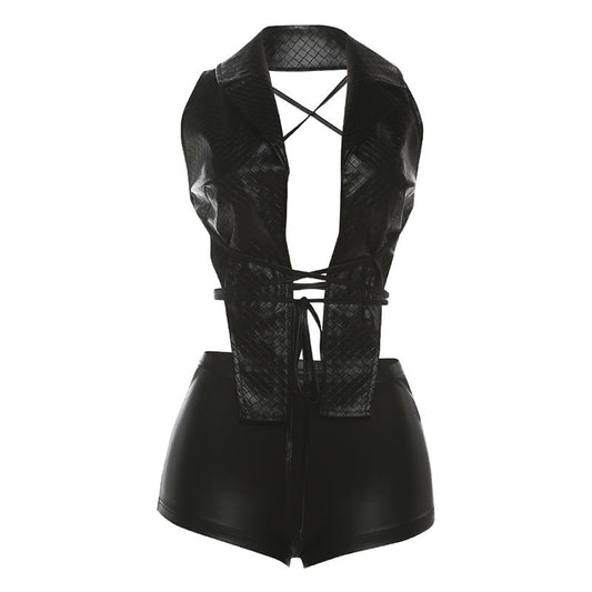 Self tie cross back PU leather low rise pant set | Festival Outfits Women