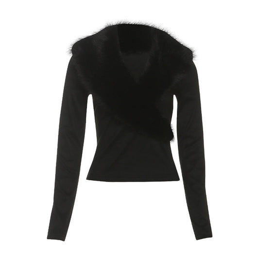 Long sleeve fluffy v neck solid top | Festival Outfits Women