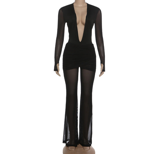 Gloves long sleeve deep v neck mesh pant set | Festival Outfits Women