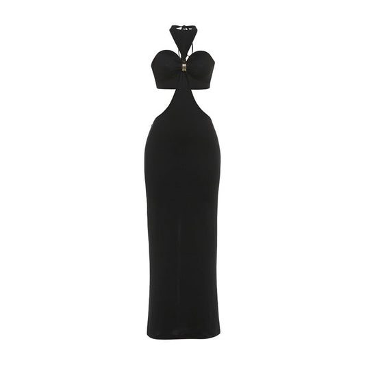 Halter slit solid backless slit maxi dress | Festival Outfits Women
