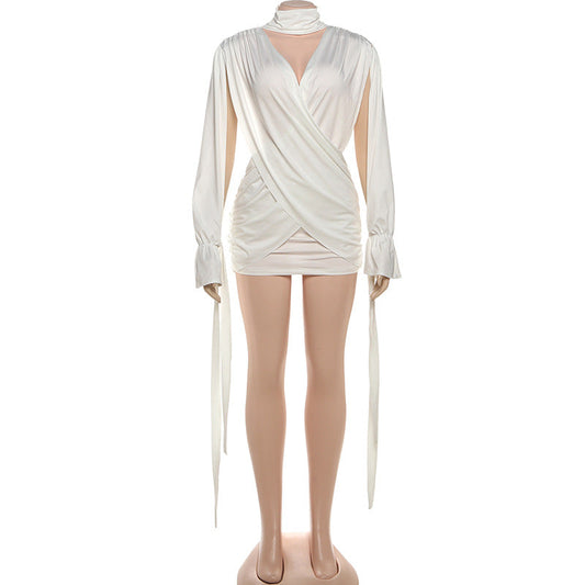 Hollow out v neck ruched long sleeve cut out mini dress | Festival Outfits Women