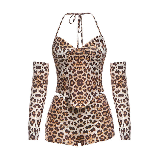 Leopard print self tie halter gloves v neck pant set | Festival Outfits Women