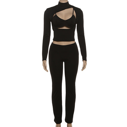Long sleeve hollow out medium rise 3 piece pant set | Festival Outfits Women