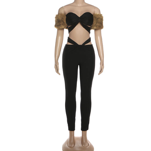 Fluffy hollow out sweetheart neck low rise pant set | Festival Outfits Women