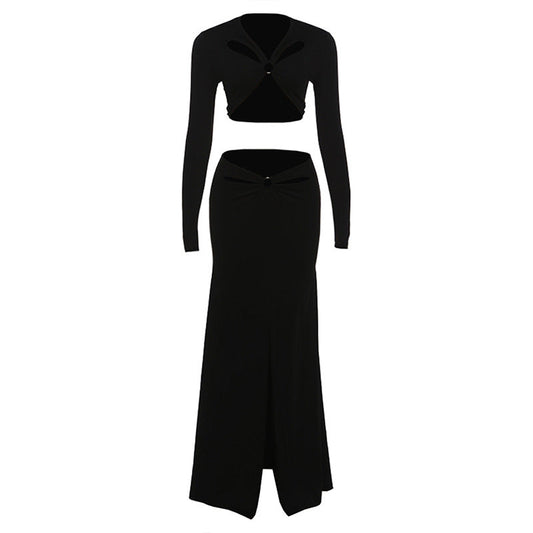 Hollow out long sleeve o ring slit maxi skirt set | Festival Outfits Women