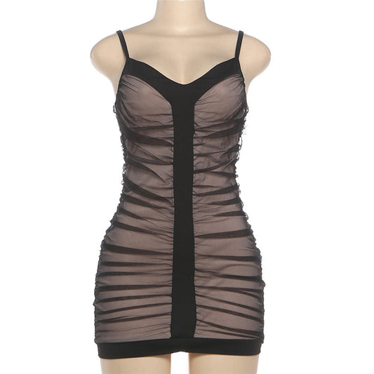 Ruched mesh v neck backless cami mini dress | Festival Outfits Women