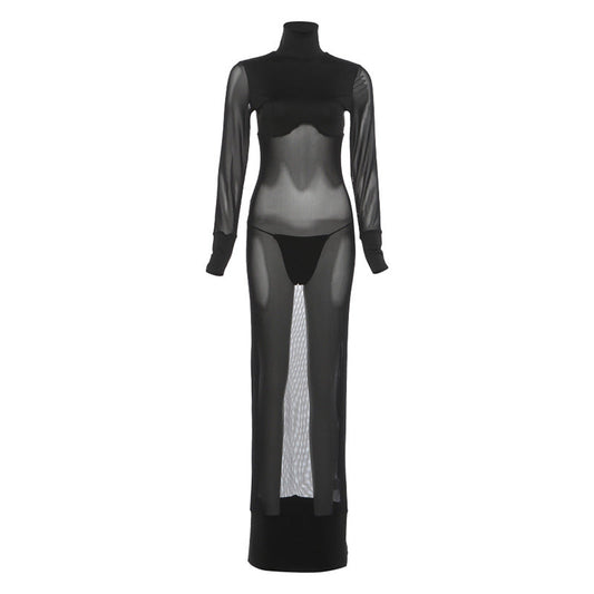 High neck long sleeve mesh solid maxi dress | Festival Outfits Women
