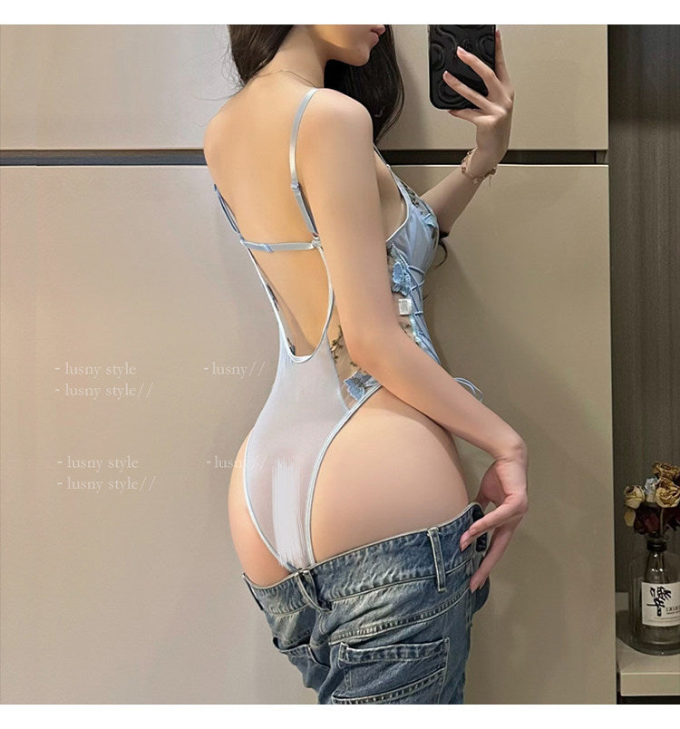 V neck lace up butterfly embroidery mesh cami bodysuit | Festival Outfits Women