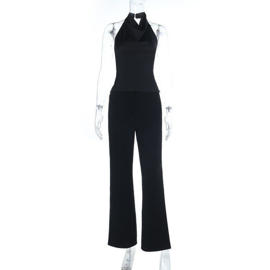 Halter backless solid button pant set | Festival Outfits Women