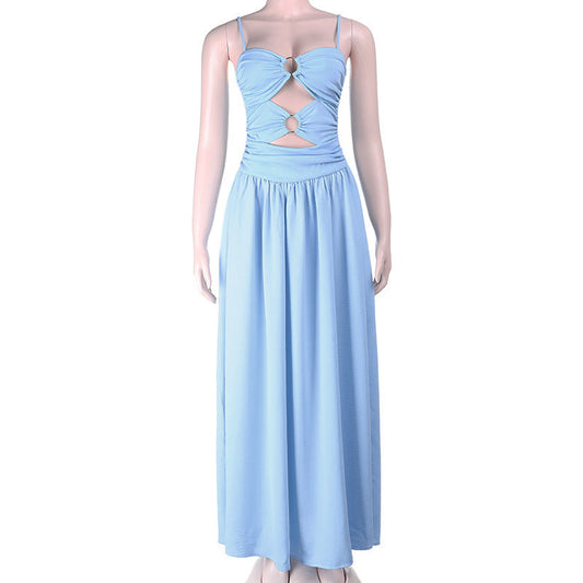 O ring hollow out ruched backless cami cut out maxi dress | Festival Outfits Women