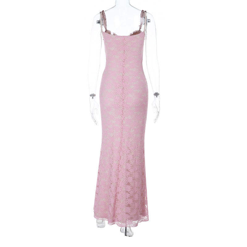 Bowknot lace ruffle v neck cami maxi dress | Festival Outfits Women