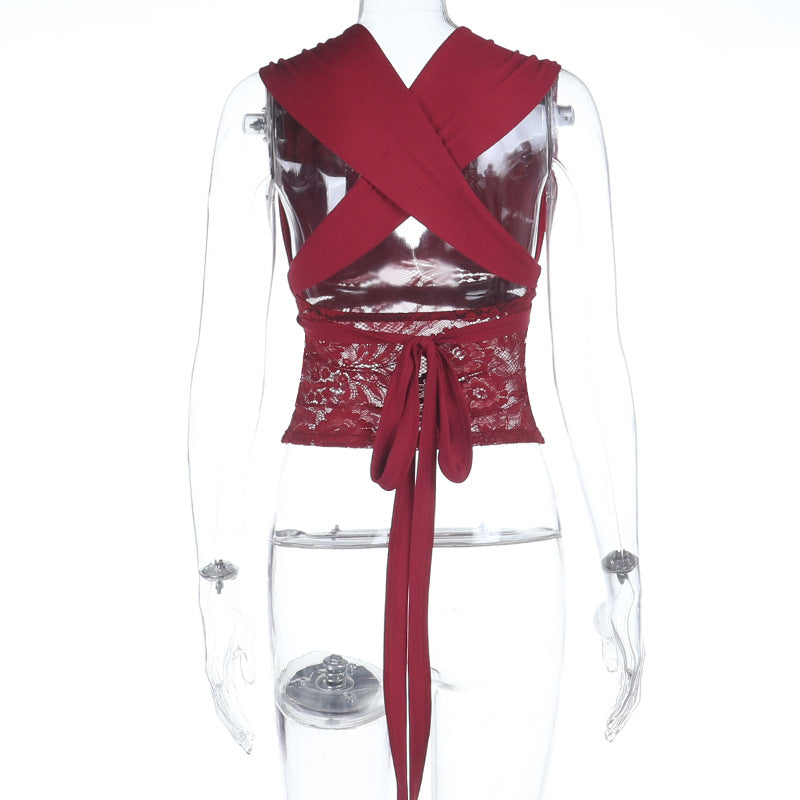 V neck lace patchwork self tie solid top | Festival Outfits Women