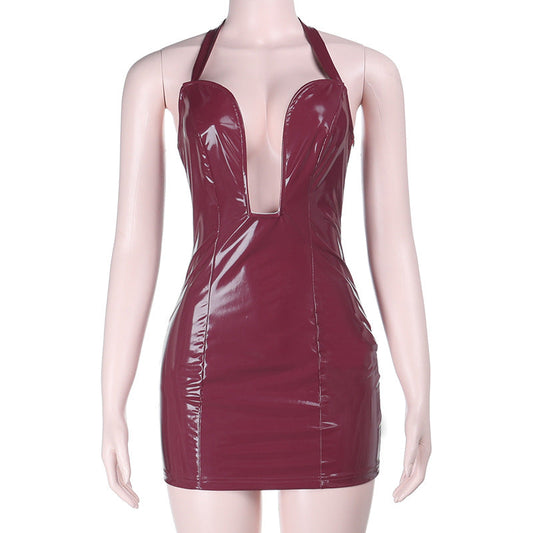 Notch neck PU leather zip-up halter mini dress | Festival Outfits Women