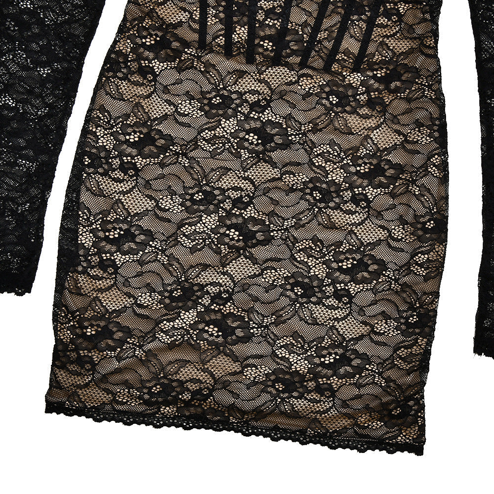 Lace long sleeve v neck backless mini dress | Festival Outfits Women