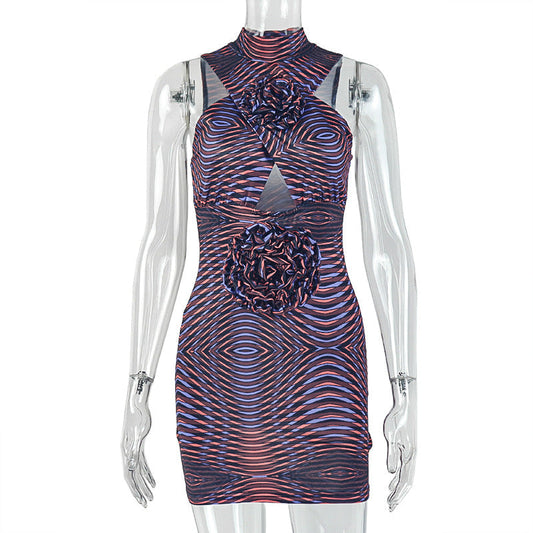 Hollow out flower applique print crewneck cut out mini dress | Festival Outfits Women