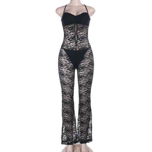 Lace hollow out cross back solid jumpsuit | Festival Outfits Women