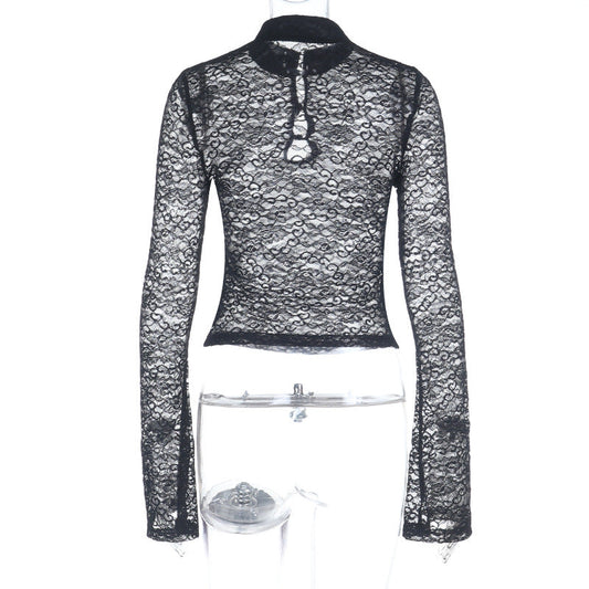 Long sleeve hollow out lace see through cut out top | Festival Outfits Women