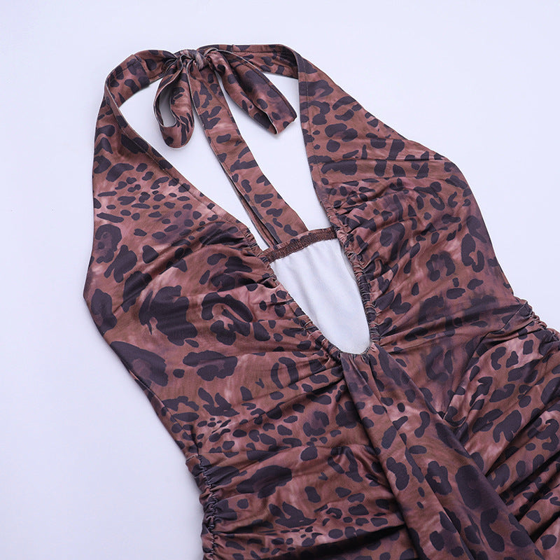 Leopard print v neck ruched halter self tie mini dress | Festival Outfits Women | Leopard Print Mini Dress