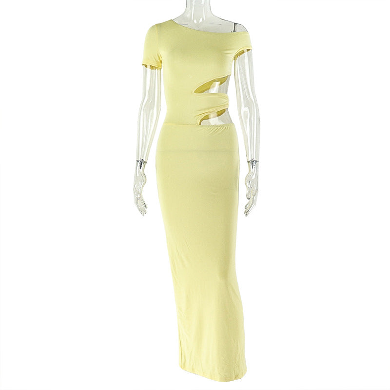 Irregular short sleeve hollow out one shoulder cut out maxi dress | Festival Outfits Women