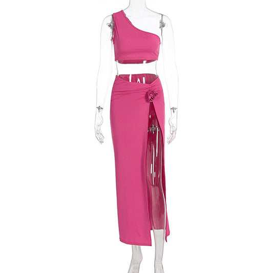 One shoulder irregular flower applique slit midi skirt set | Festival Outfits Women