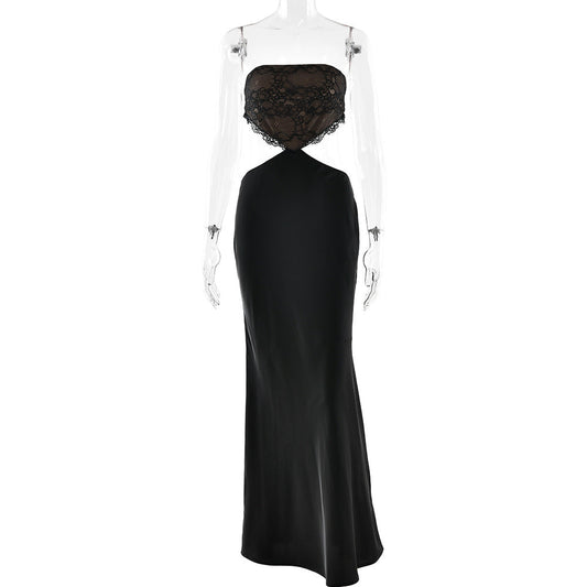 Lace hem zip-up backless tube maxi dress | Festival Outfits Women