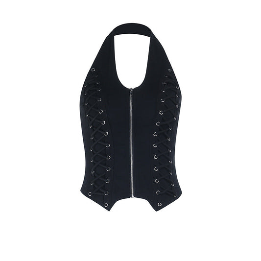 Halter u neck zip-up backless solid top | Festival Outfits Women
