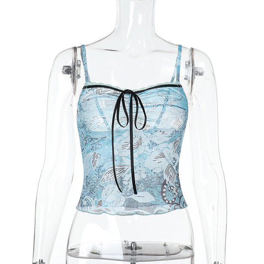Lace hem self tie print mesh backless cami top | Festival Outfits Women