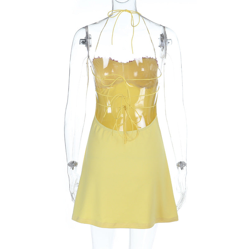 Self tie halter backless contrast mini dress | Festival Outfits Women