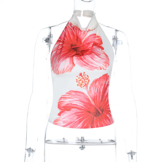 Button halter flower print backless satin top | Festival Outfits Women