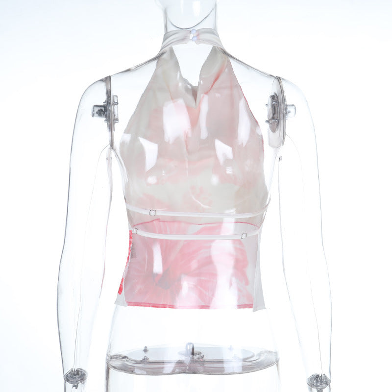 Button halter flower print backless satin top | Festival Outfits Women