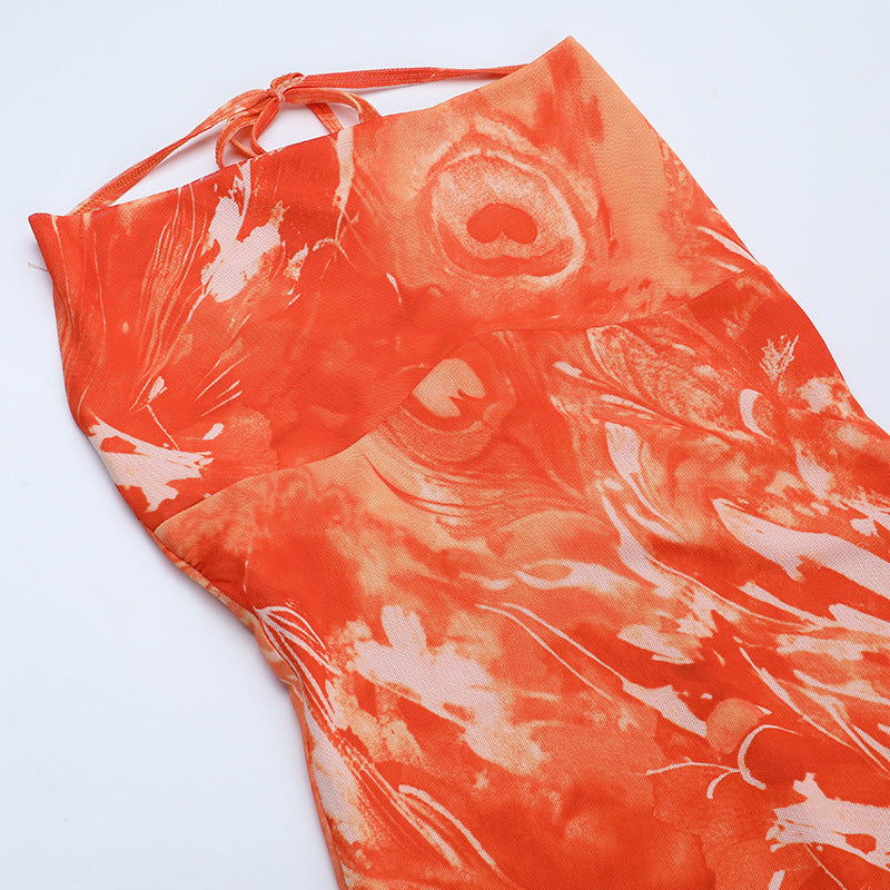 Ruffle slit print halter self tie cowl neck maxi dress | Festival Outfits Women